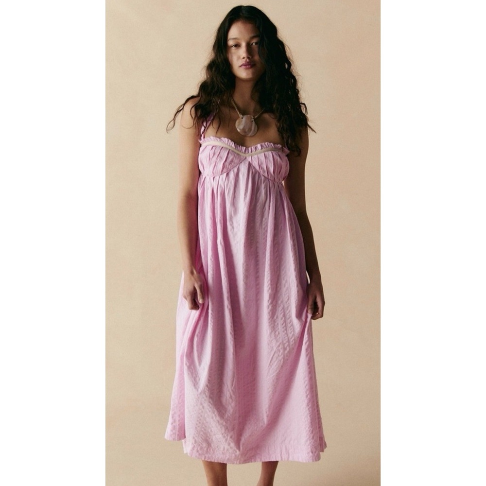 Free People Free-Est Poppy Midi Dress Pink Large NWT Seersucker Cotton Open Back